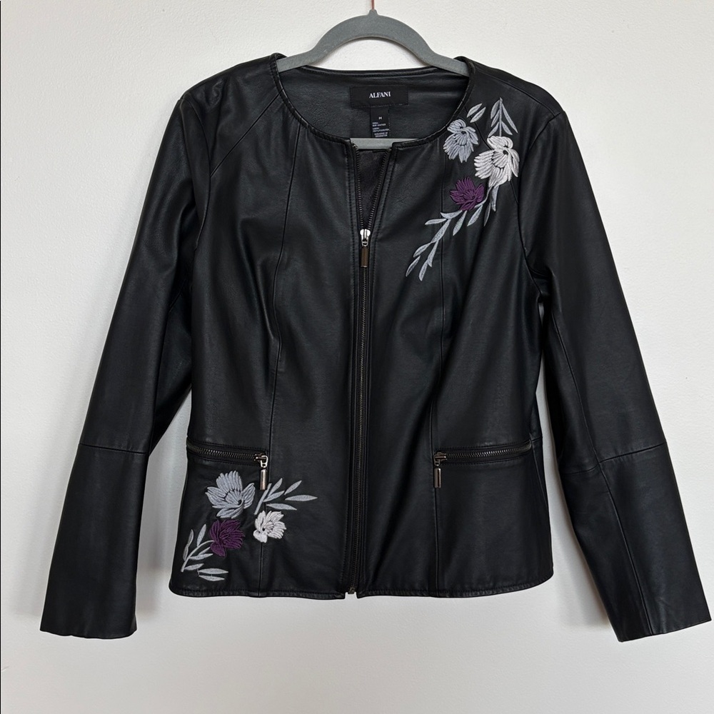 Faux Leather Embroidered Flower Jacket by Alfani, Sz M